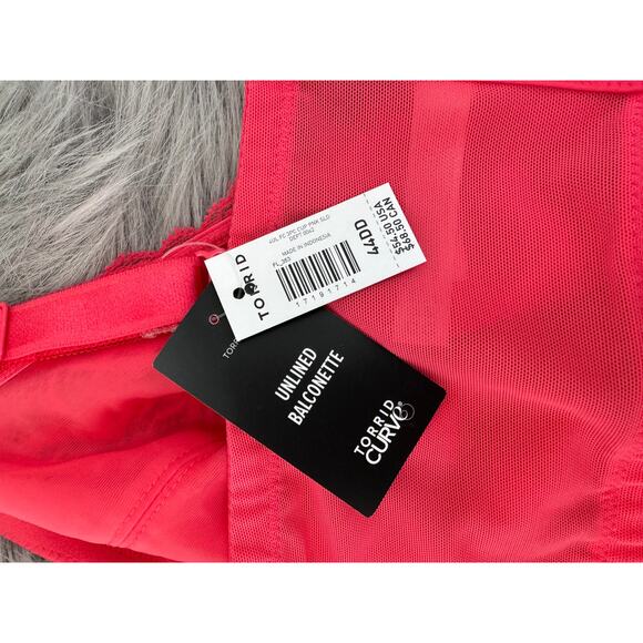 Torrid Curve Unlined Balconette Bra Size 44DD Hot Pink Lace - Picture 7 of 7